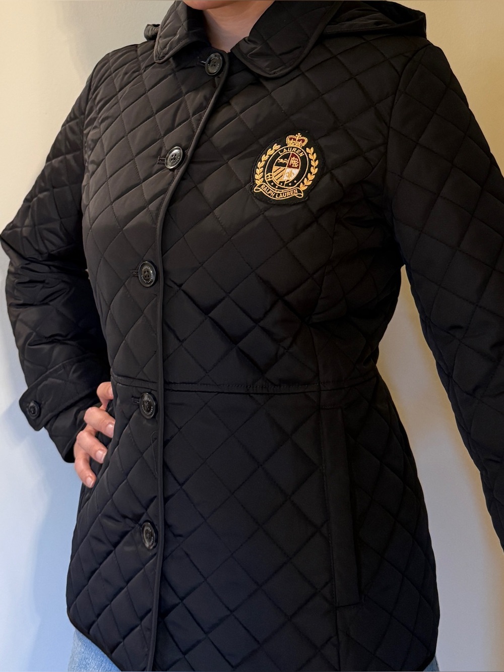 NWT Lauren Ralph Lauren Black Quilted Jacket Detachable Hood Gold Crest